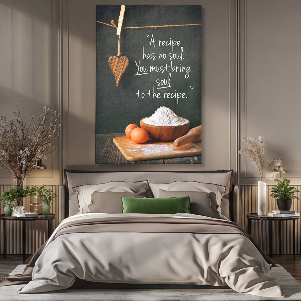 Tablou canvas cu tablou canvas cu citat culinar si faina, fara rama, pe sasiu de lemn, pe perete intr-un dormitor